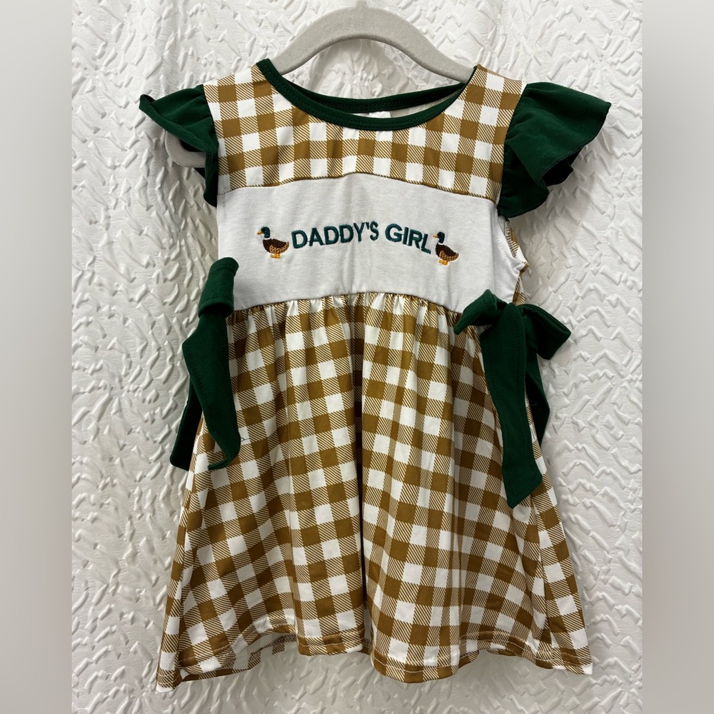 Daddy’s Girl Green and Brown Checkered Kids Dress 3t